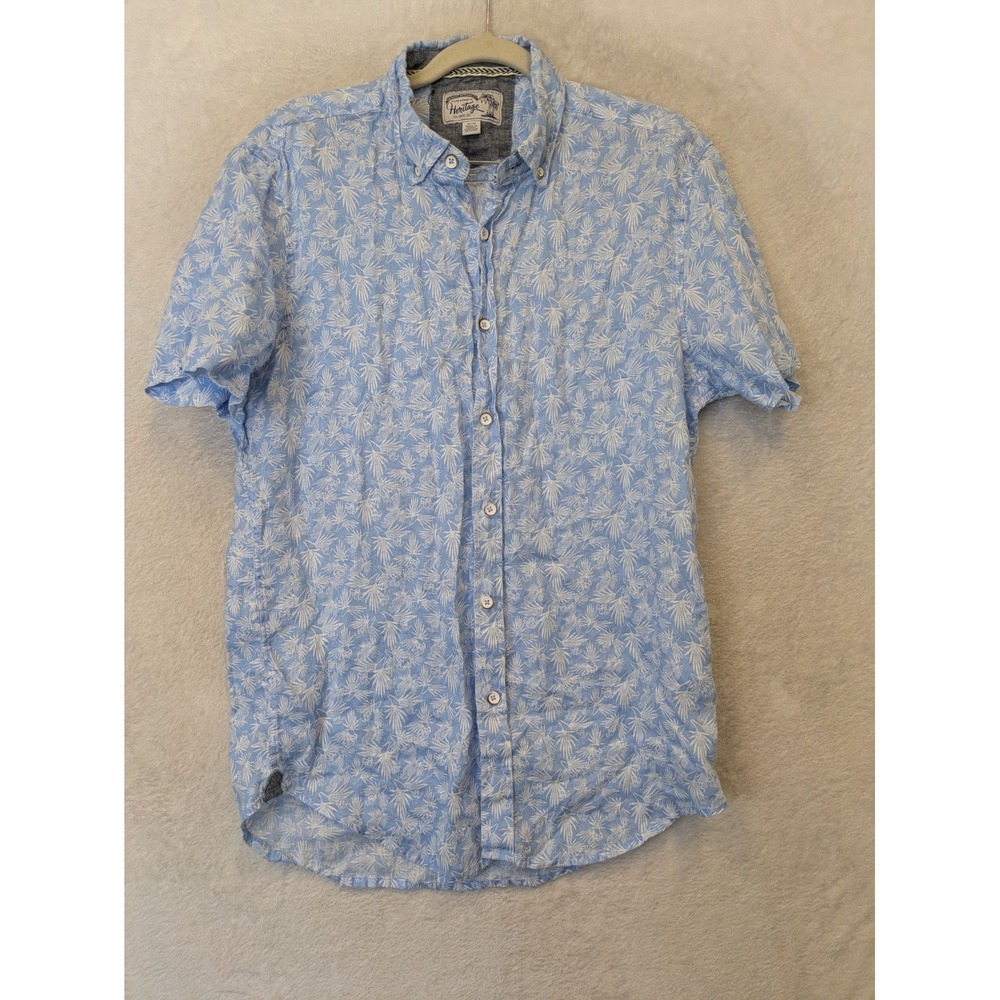 Heritage 1981 Button Down Shirt Men's Medium Blue Tropical Leaf 100% Linen